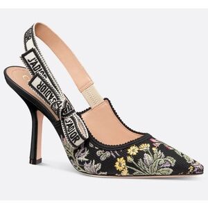 Dior J'adior Millefiori Black Floral Ribbon Logo Slingback Pump Sandal Heel 37